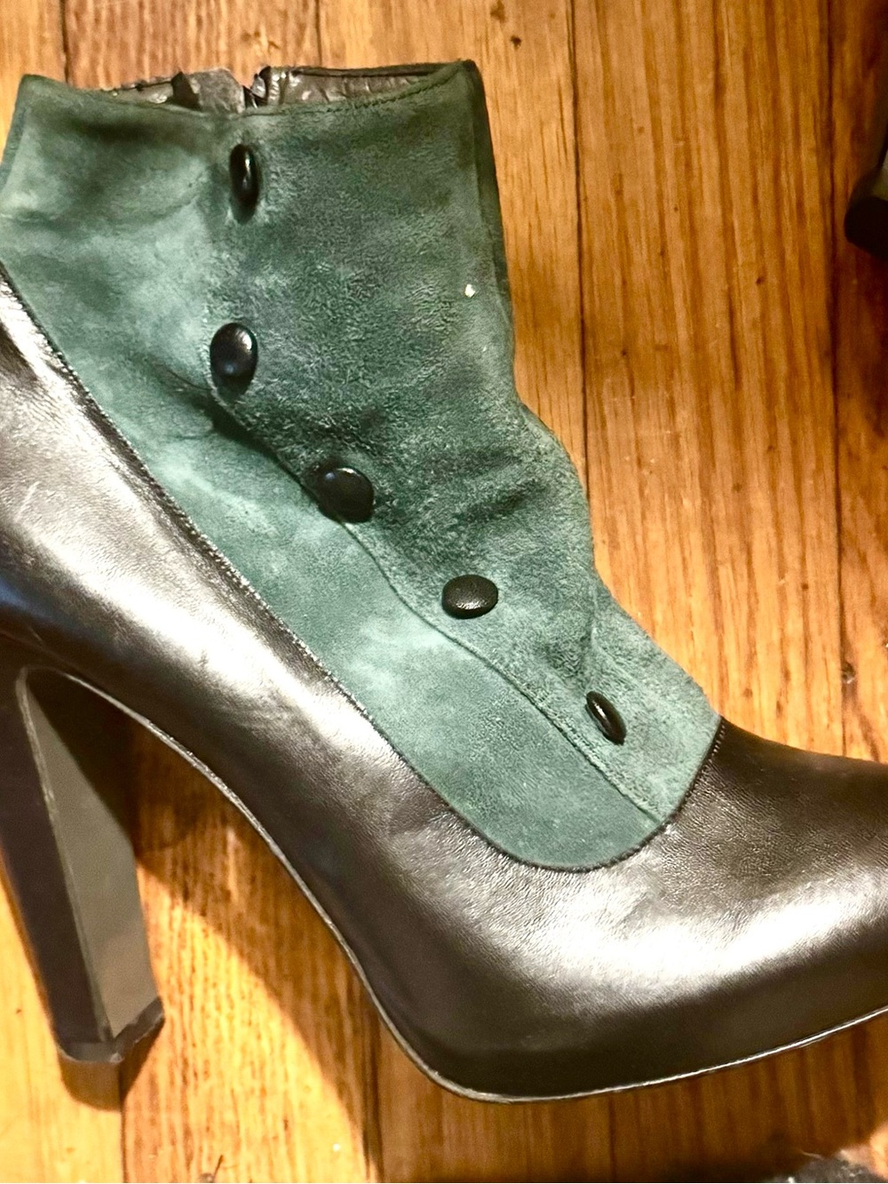 Women's Black Leather Ankle Boot with Dark Green Suede Overlay